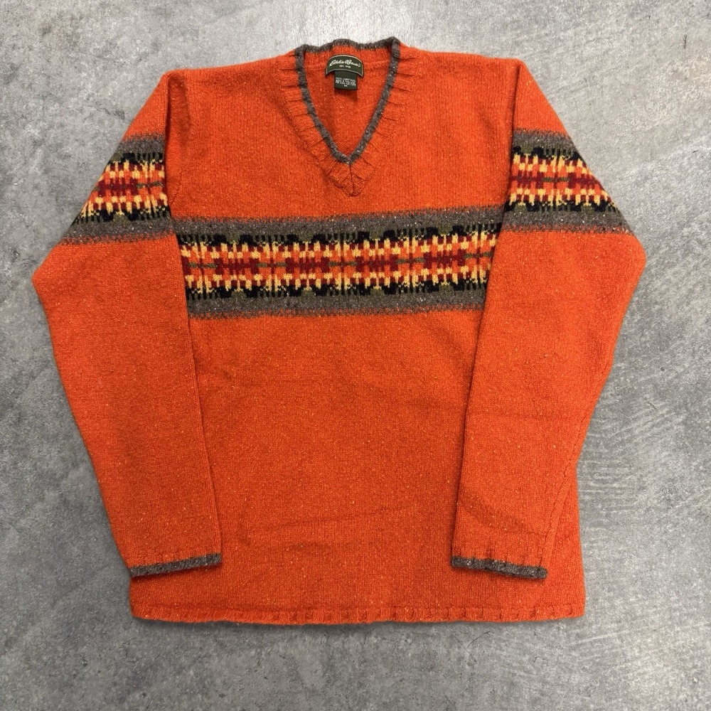 Eddie Bauer Orange Lambswool V-Neck Fair Isle Southwestern Sweater Unisex S Read